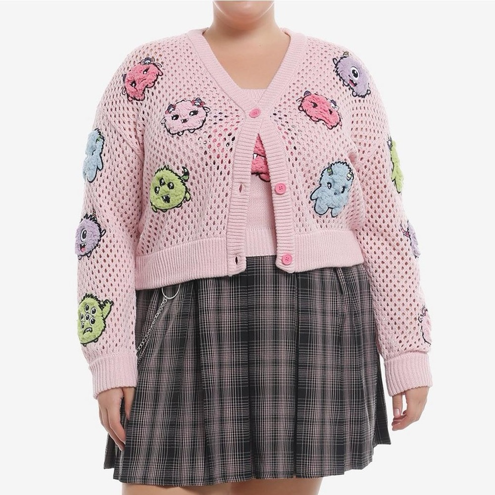Sweet society crochet knit fuzzy monster patch cardigan nwot